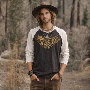 Ralph Lauren Denim & Supply Gray Sz S Eagle Graphic Raglan Tee Y2K Biker Grunge